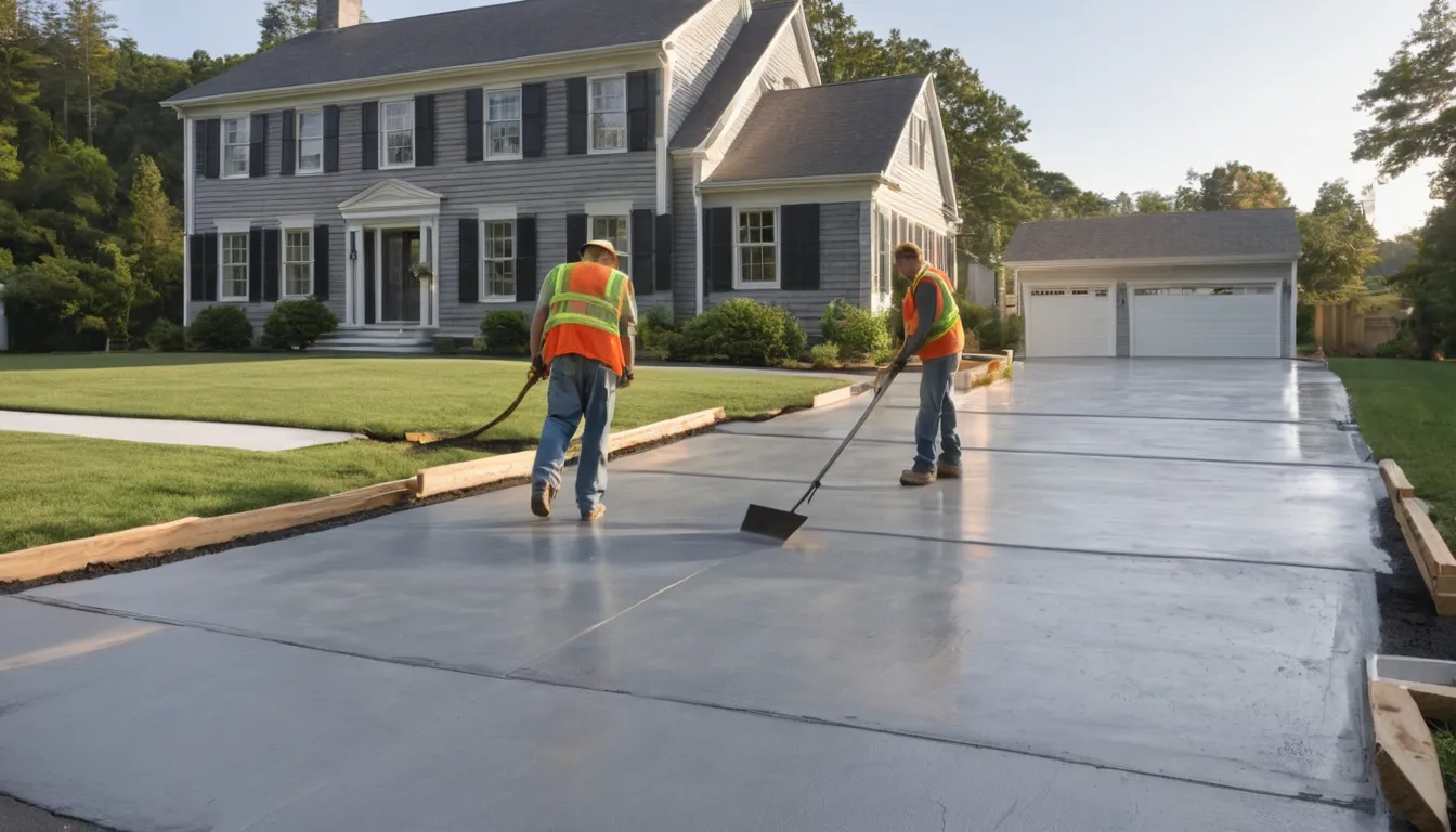Fresh broom-finished concrete driveway in front of a colonial home in the Chesapeake Beach area