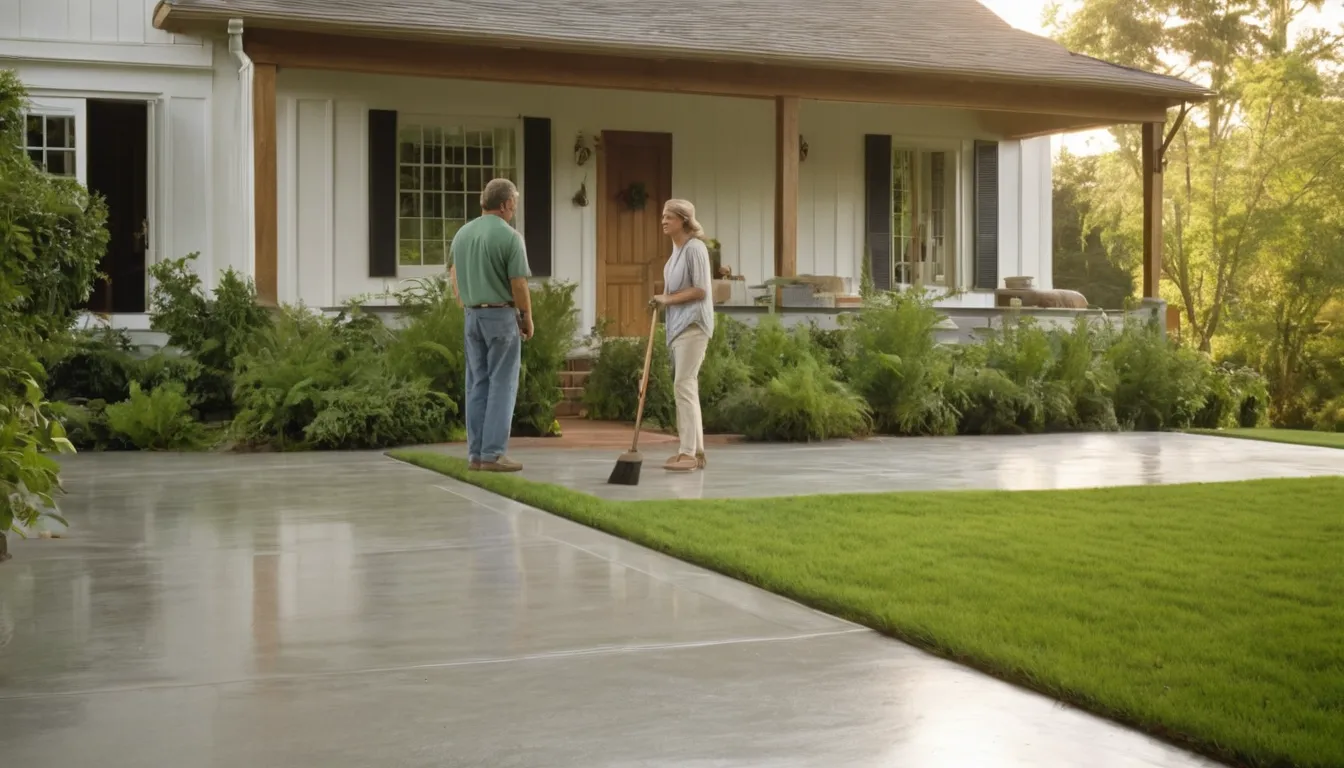 Homeowners looking over a freshly finished concrete patio behind a house near Chesapeake Beach